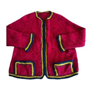 Granny Sweater Pink‎ Vintage 70s Cardigan Grandma Handmade Mohair Furry Large